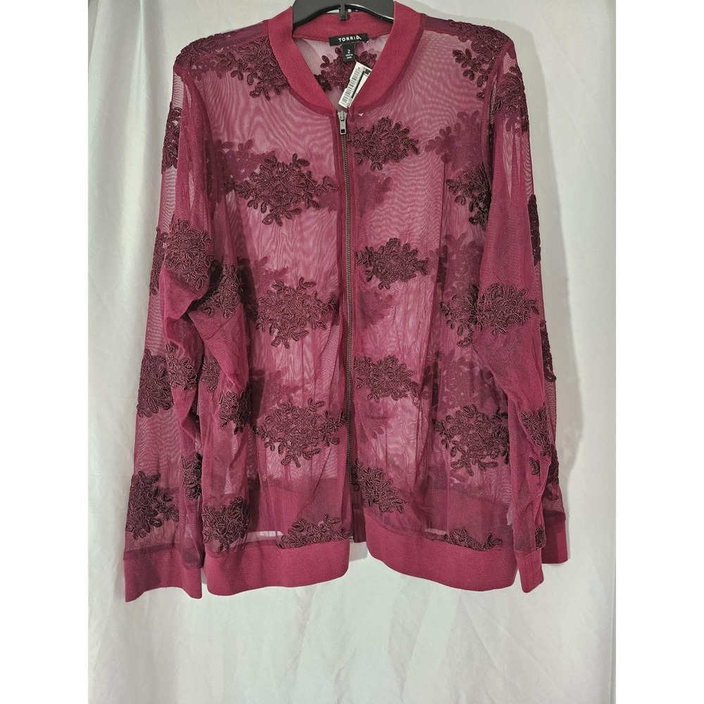 Torrid Sheer Burgundy Mesh Zip Jacket Floral Lace Embroidered Women's Plus 2 NWT